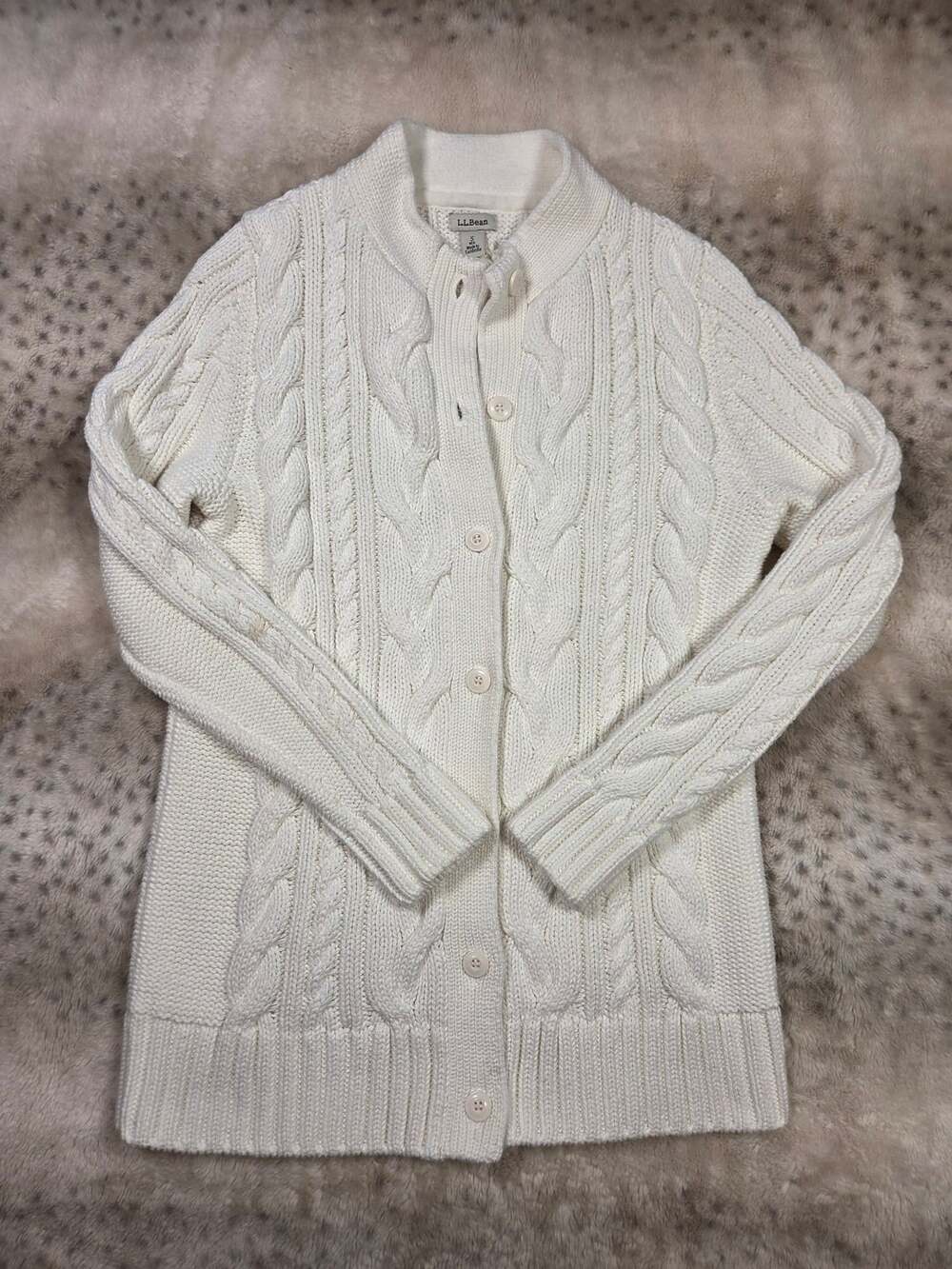L.L.Bean Double L Cable Knit Button Front Cardigan 100% Cotton Cream Small